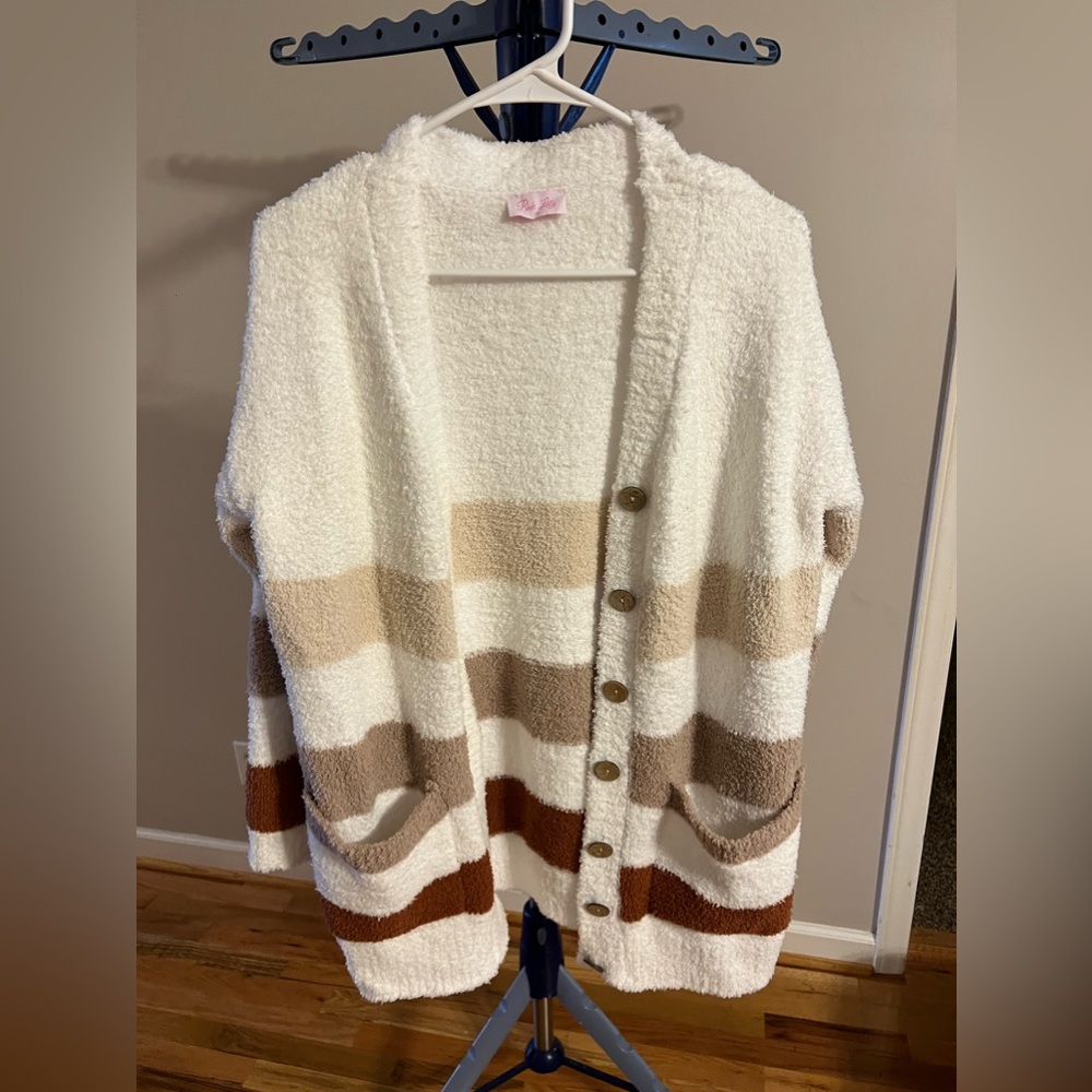 Pink Lily Cream Striped Fuzzy Cardigan